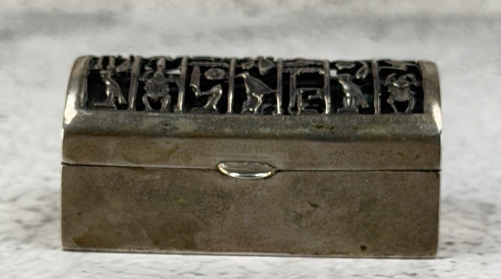 Vintage 800 Silver Egyptian Made Trinket box with hieroglyphics on lid